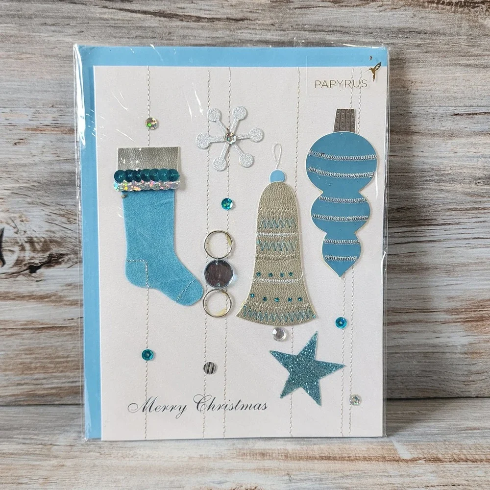 Papyrus Merry Christmas Card Blue Silver Ornaments Rhinestones 07086610